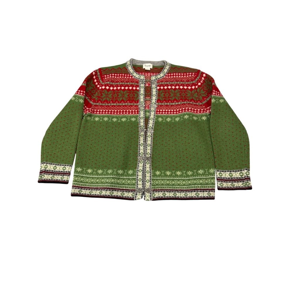 Cambridge Dry Goods Wool Cardigan Sweater Womens Large Green‎ Fair Isle Clasps